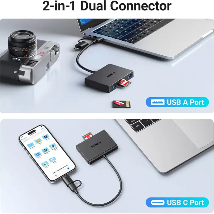 UGREEN 4-portni USB-C/A HUB 2xUSB-A, 1xSD, 1xTF, sivi