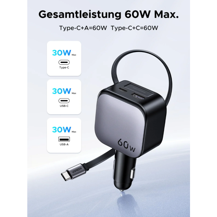 Ugreen 60W avtopolnilec z vgrajenim USB-C kablom