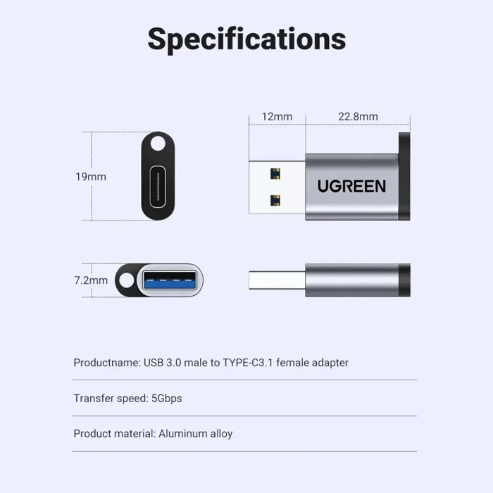 UGREEN adapter, USB 3.0 A (M) na USB-C 3.1 (Ž), sivi