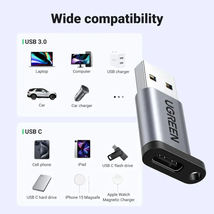 UGREEN adapter, USB 3.0 A (M) na USB-C 3.1 (Ž), sivi