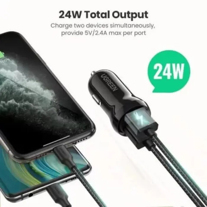 UGREEN auto punjač, 24W, Dual USB-A, crni