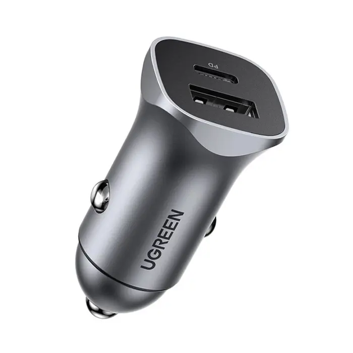 UGREEN auto punjač, 24W, USB-C PD+USB-A QC, srebrni