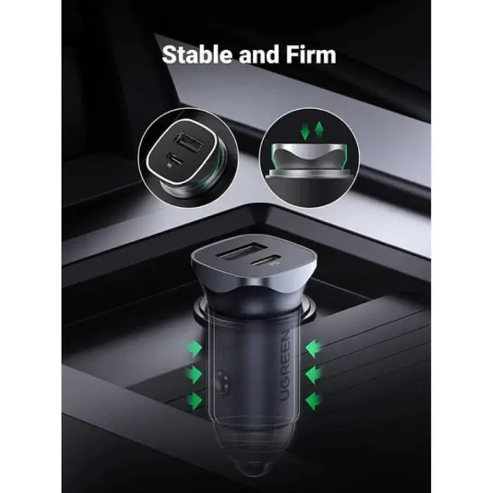 UGREEN auto punjač, 24W, USB-C PD+USB-A QC, srebrni