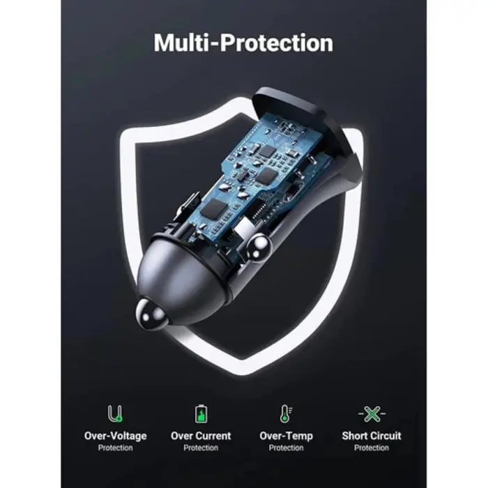 UGREEN auto punjač, 24W, USB-C PD+USB-A QC, srebrni
