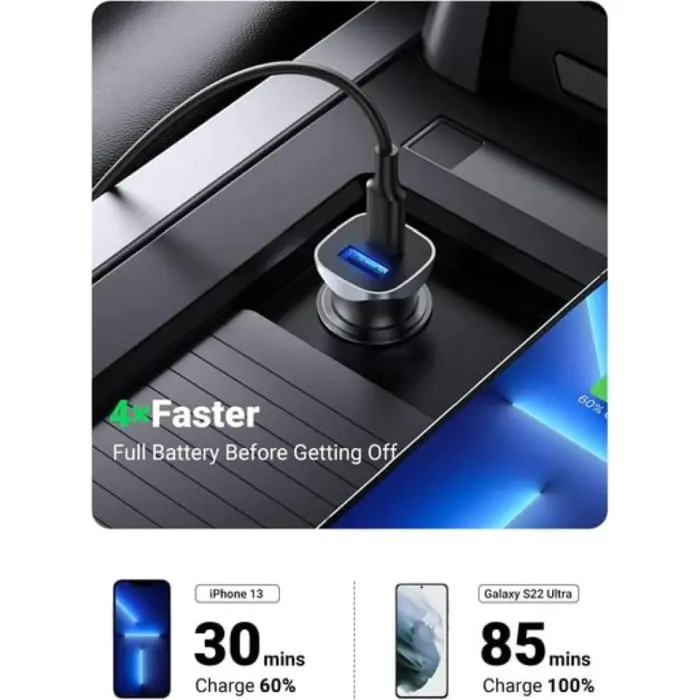 UGREEN auto punjač, 24W, USB-C PD+USB-A QC, srebrni
