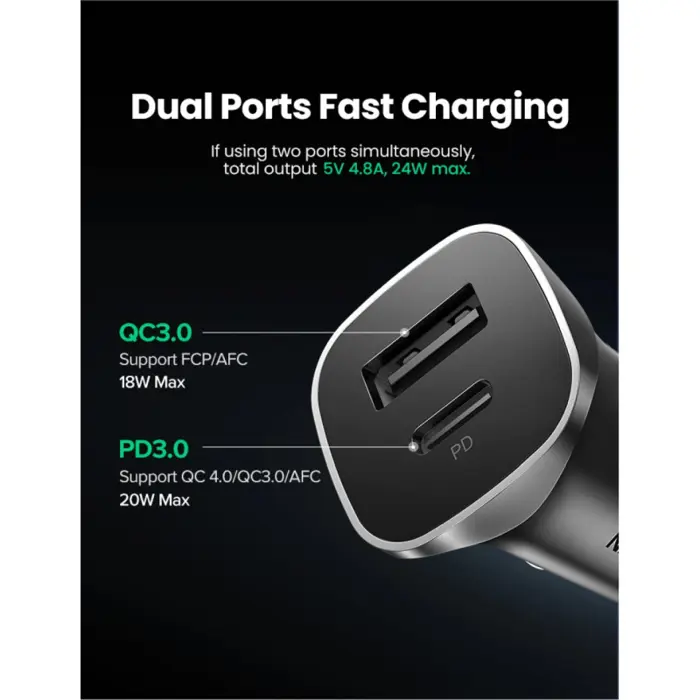 UGREEN auto punjač, 30W, USB-C PD+USB-A, sivi