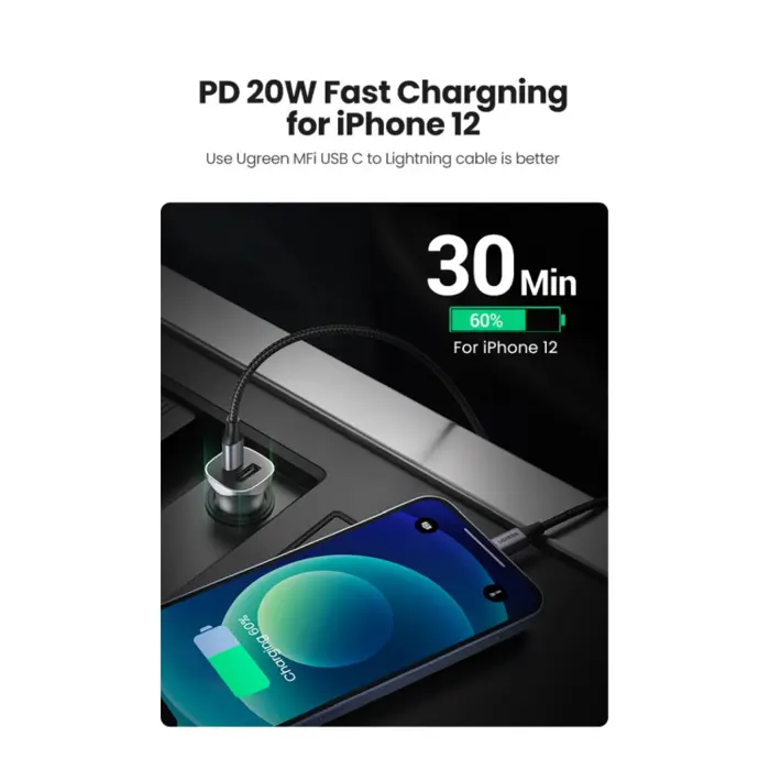 UGREEN auto punjač, 30W, USB-C PD+USB-A, sivi