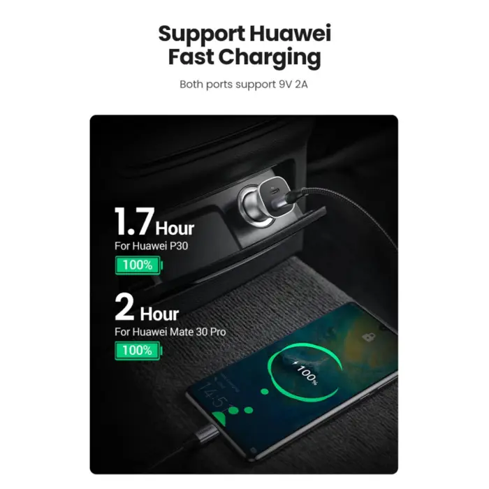 UGREEN auto punjač, 30W, USB-C PD+USB-A, sivi