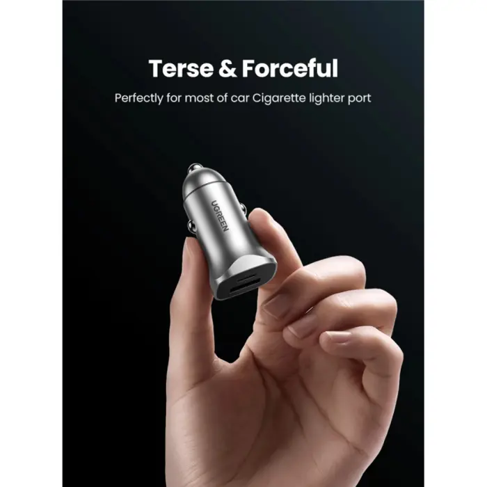 UGREEN auto punjač, 30W, USB-C PD+USB-A, sivi