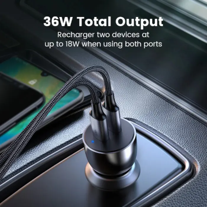 UGREEN auto punjač, 52.5W, USB-C PD+USB-A QC, sivi