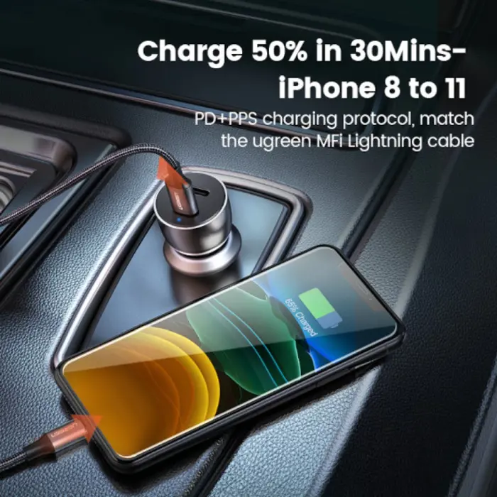UGREEN auto punjač, 52.5W, USB-C PD+USB-A QC, sivi