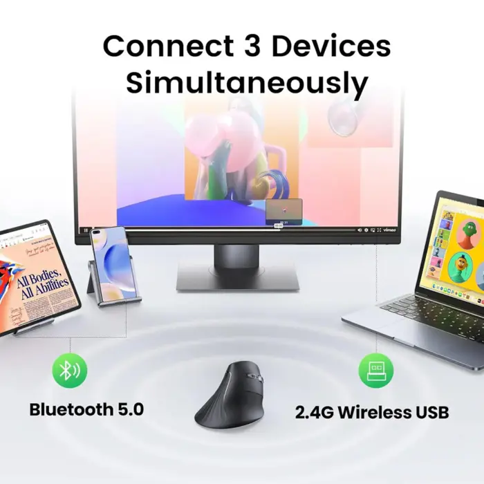 UGREEN bežični ergonomski vertikalni miš, bluetooth, 4000 DPI, USB, crni