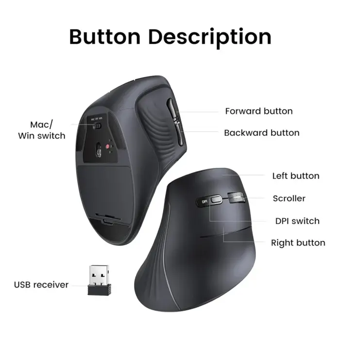 UGREEN bežični ergonomski vertikalni miš, bluetooth, 4000 DPI, USB, crni
