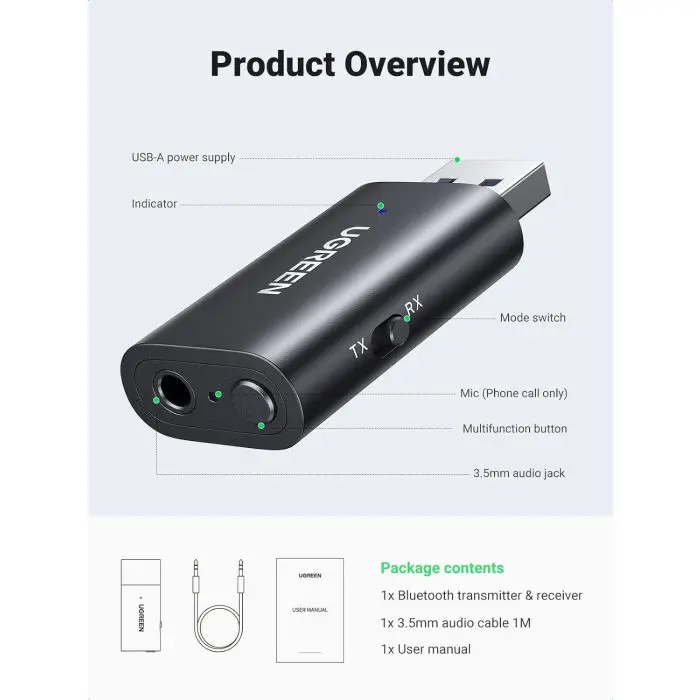 UGREEN bluetooth 5.1 wireless transmitter/receiver 2-in-1 for TV, Home audio receiver, Car radio, ...