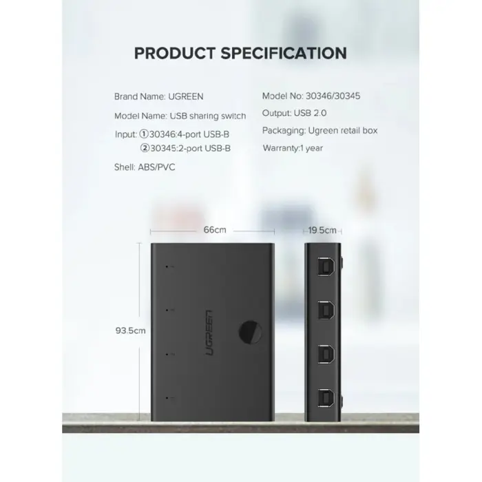 UGREEN Data Switch, USB 2.0 4x1, crni