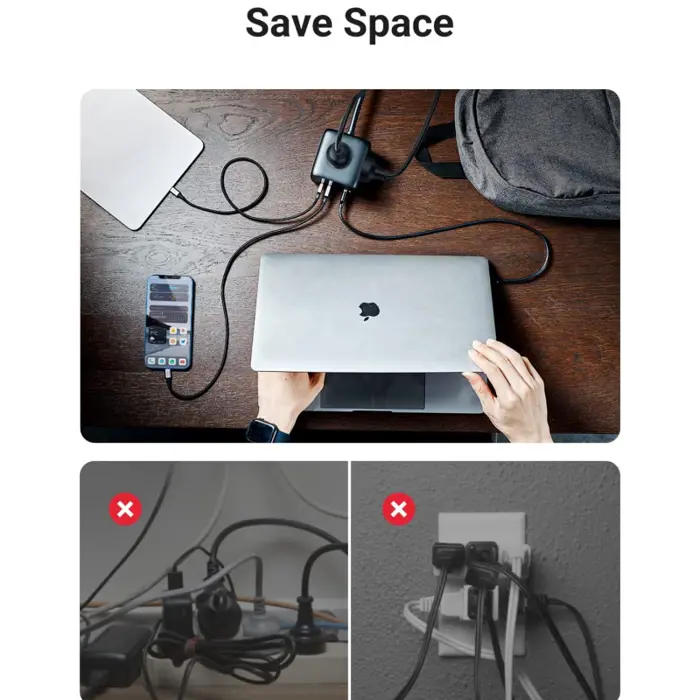 UGREEN DigiNest Cube, 65W, 3x ŠUKO, 2x USB-C, 2x USB-A, 1.8m, crno sivi