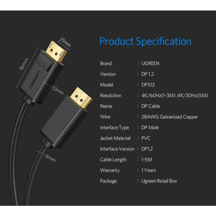 Ugreen DisplayPort 1.2 cable 2M - BOX