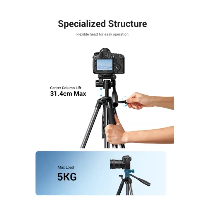 UGREEN LP661 Stativ tripod za foto i video, nosivost 5kg, visina 53.5-175cm, 360° Pan,180° Tilt, za mobitele, akcijske kamere, DSLR fotoaparate, ručne kamkordere, projektore