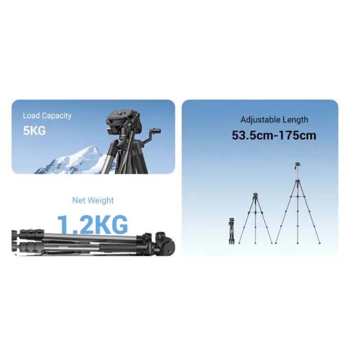 UGREEN LP661 Stativ tripod za foto i video, nosivost 5kg, visina 53.5-175cm, 360° Pan,180° Tilt, za mobitele, akcijske kamere, DSLR fotoaparate, ručne kamkordere, projektore