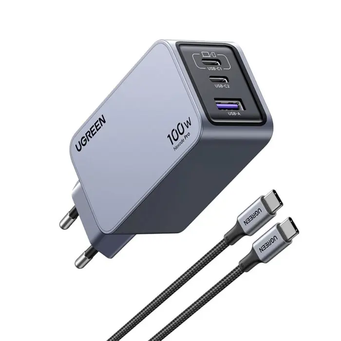 Ugreen Nexode Pro 100W 3-Port GaN USB Charger with 1.5M 100W USB-C Charging Cable Included