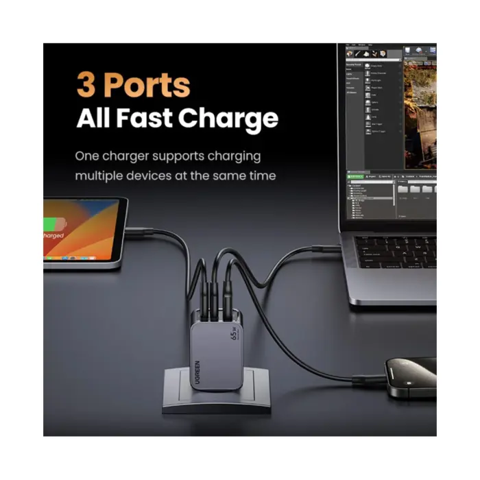 UGREEN Nexode Pro, 65W, 2x USB-C, USB-A, USB-C kabel, GaN, sivi