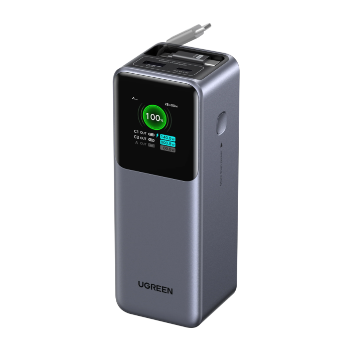 Ugreen prenosna polnilna baterija 20.000mAh, 165W s pametnim digitalnim zaslonom in vgrajenim kablom