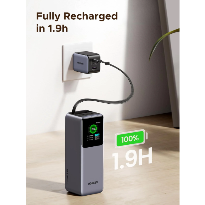 Ugreen prenosna polnilna baterija 20.000mAh, 165W s pametnim digitalnim zaslonom in vgrajenim kablom