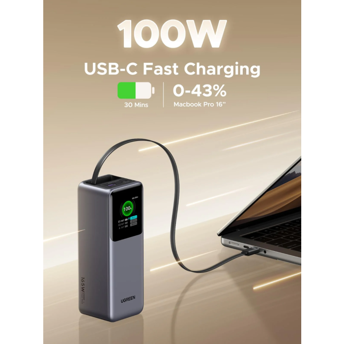 Ugreen prenosna polnilna baterija 20.000mAh, 165W s pametnim digitalnim zaslonom in vgrajenim kablom