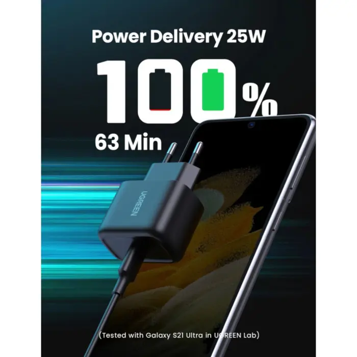 UGREEN punjač, 25W, USB-C PD + kabel C-C, crni, 2m