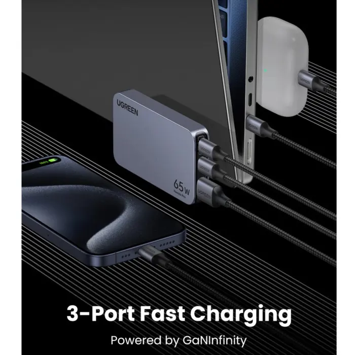 UGREEN Ultra-Slim Nexode Pro zidni punjač 65W, 2x USB-C, USB-A, GaNInfinity, sivi