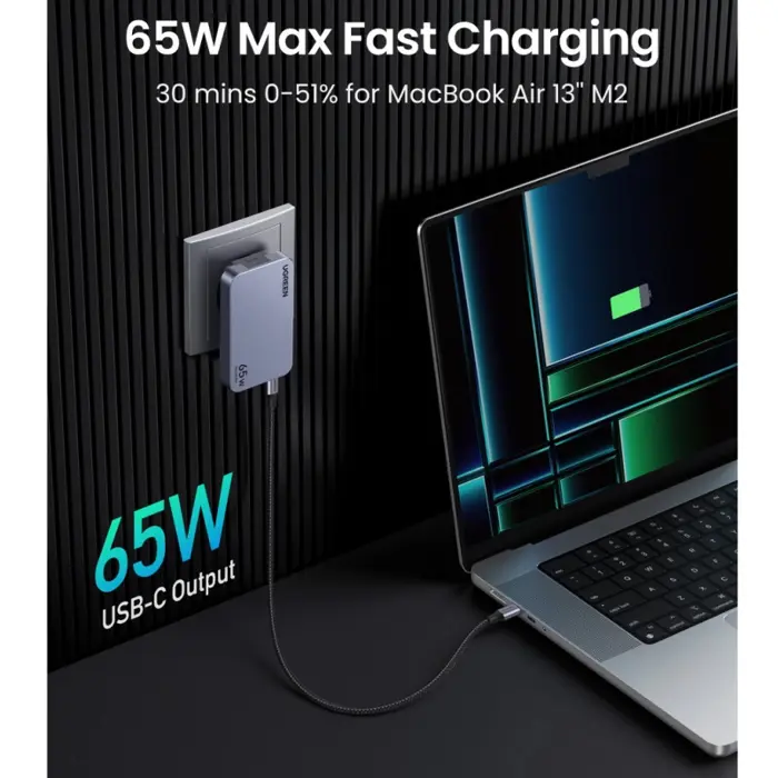 UGREEN Ultra-Slim Nexode Pro zidni punjač 65W, 2x USB-C, USB-A, GaNInfinity, sivi