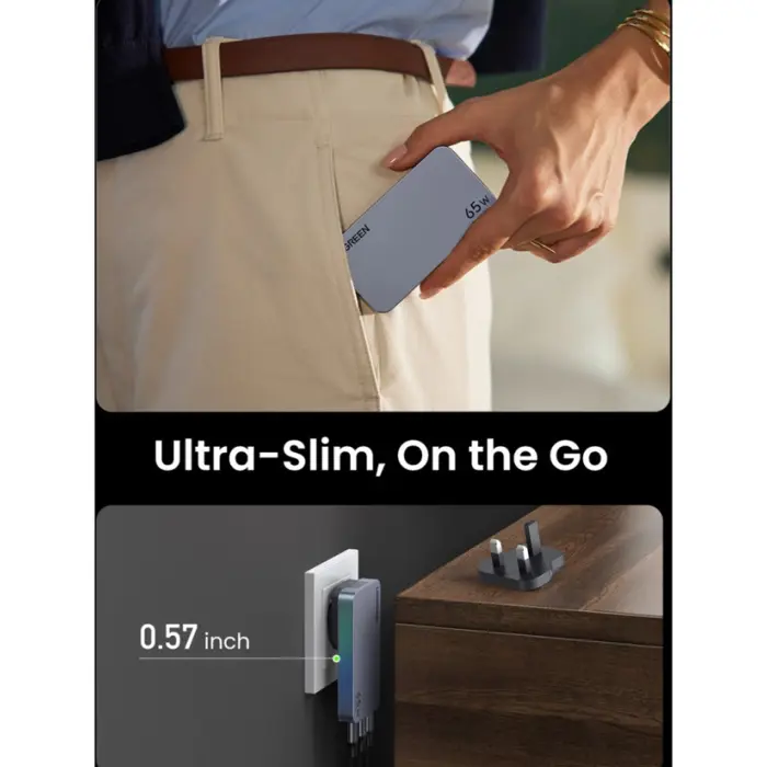 UGREEN Ultra-Slim Nexode Pro zidni punjač 65W, 2x USB-C, USB-A, GaNInfinity, sivi
