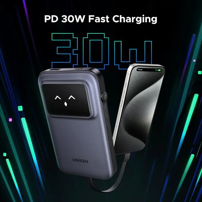 Ugreen Uno 10,000mAh 30w QC rechargeable portable battery with built-in USB-C cable