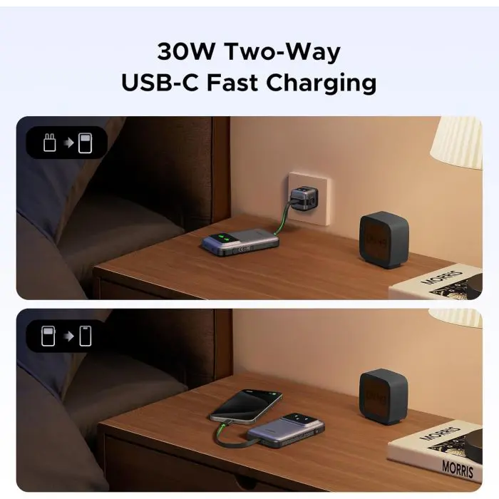 Ugreen Uno 10,000mAh 30w QC rechargeable portable battery with built-in USB-C cable