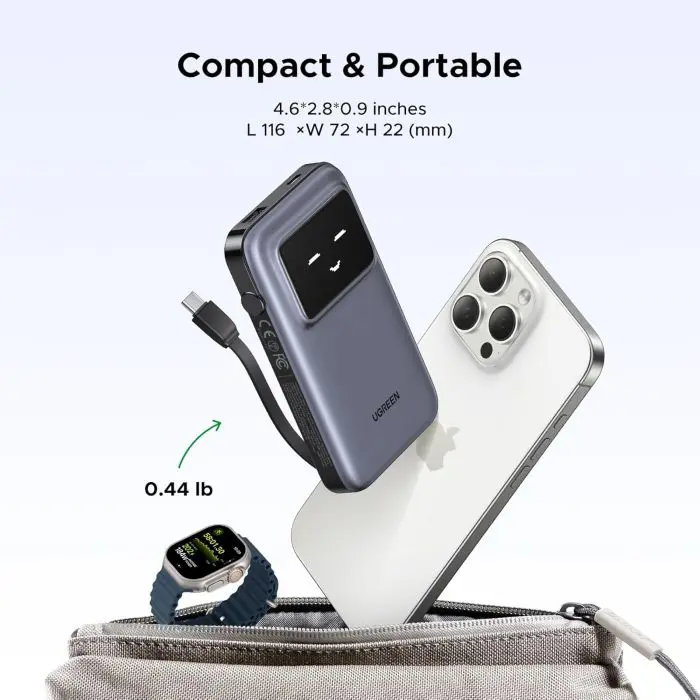 Ugreen Uno 10,000mAh 30w QC rechargeable portable battery with built-in USB-C cable