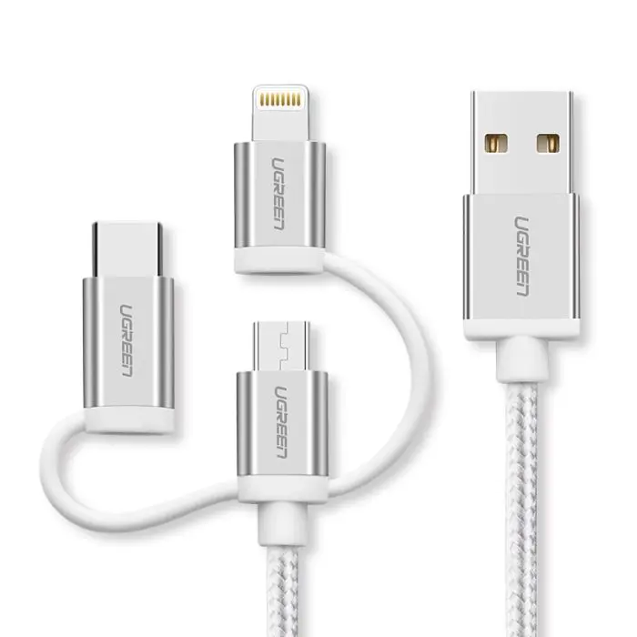 Ugreen USB 2.0 to Micro USB + Lightning + Type C (3 in 1) data cable braided 1.5m