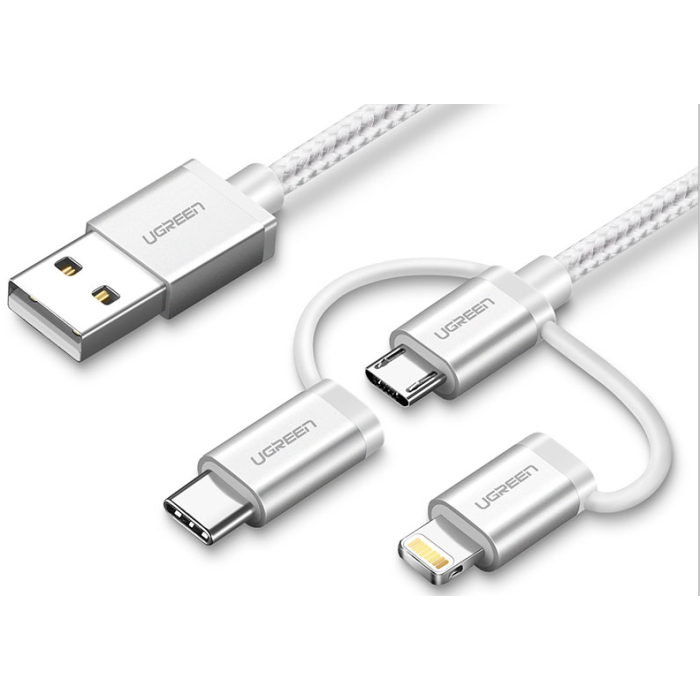 Ugreen USB 2.0 to Micro USB + Lightning + Type C (3 in 1) data cable braided 1.5m