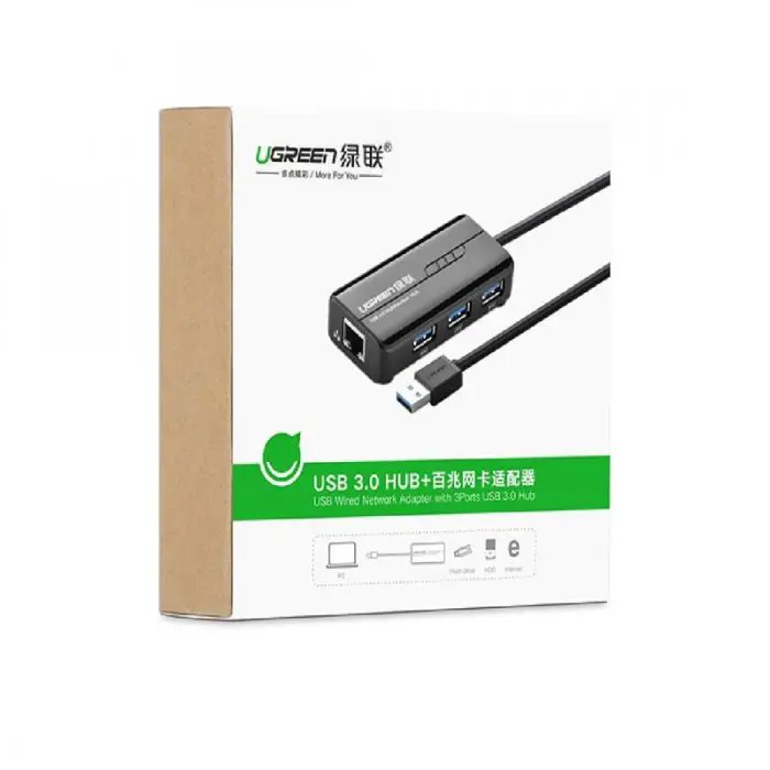 Ugreen USB 3.0 hub on 3x USB A and RJ45 - box