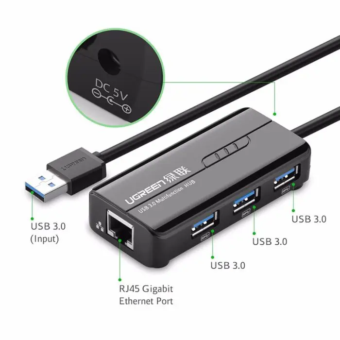 Ugreen USB 3.0 hub on 3x USB A and RJ45 - box