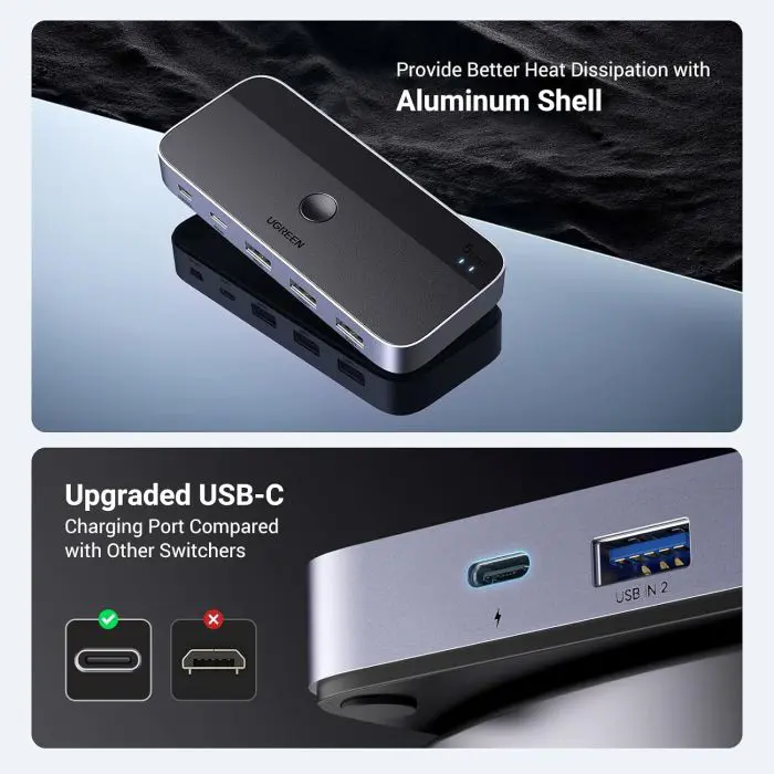 UGREEN USB 3.0 switch for 2 computers that share USB C & A devices.