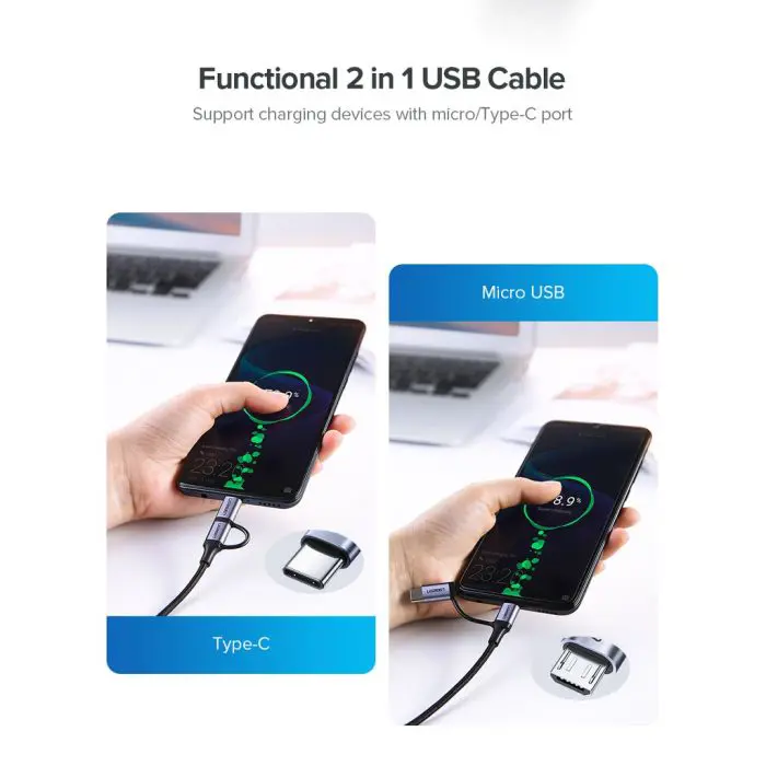 Ugreen USB-A to Micro USB + USB-C braided cable 1m