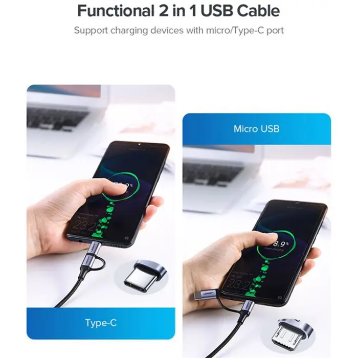 Ugreen USB-A to Micro USB + USB-C braided cable 1m