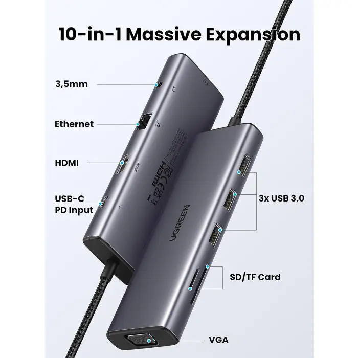 UGREEN USB C Hub, 10-in-1 USB-C with dual output for 4K HDMI & VGA, 100W PD.