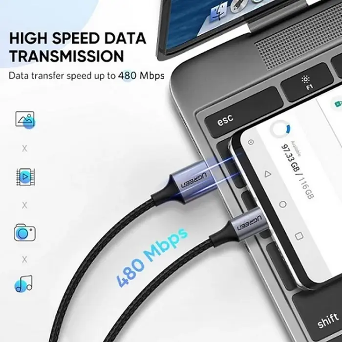 UGREEN USB-C (M) na USB 2.0 A (M) pleteni kabel, 1m