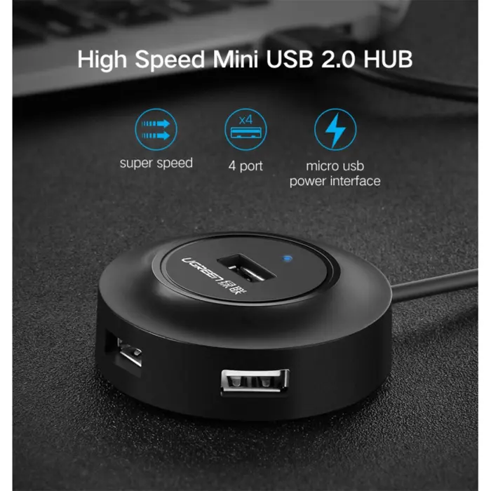 UGREEN USB Hub, USB 2.0 A, 4-portni, crni, 1m
