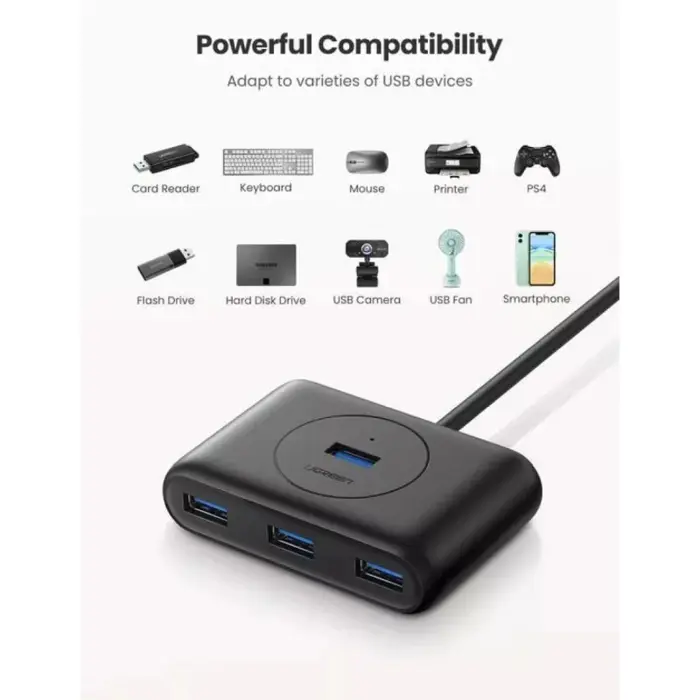 UGREEN USB Hub, USB 3.0 A, 4-portni, crni, 1m