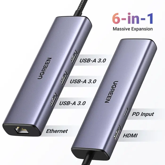 UGREEN USB Hub, USB-C na 3xUSB 3.0 A, HDMI, RJ45, PD