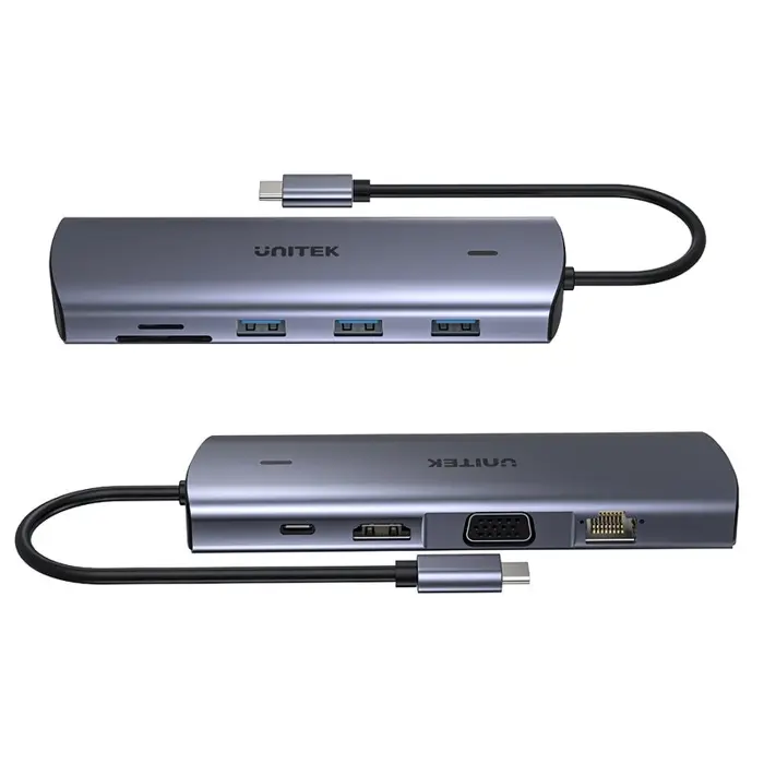 UNITEK HUB USB-C 9IN1 HDMI, VGA, SD, RJ45, PD 100W