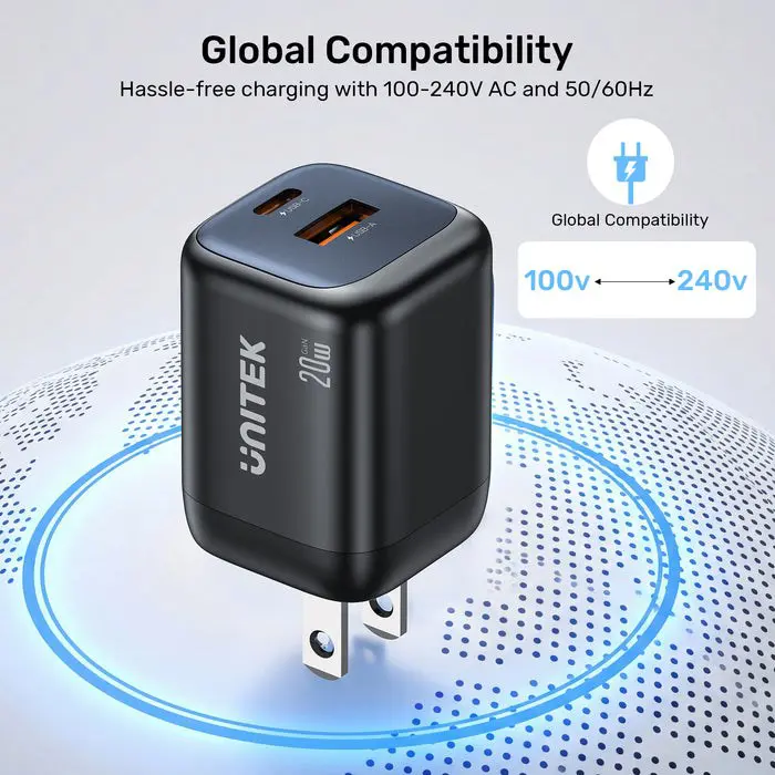 UNITEK WALL CHARGER 2X GAN USB-A & USB-C 20W BLACK