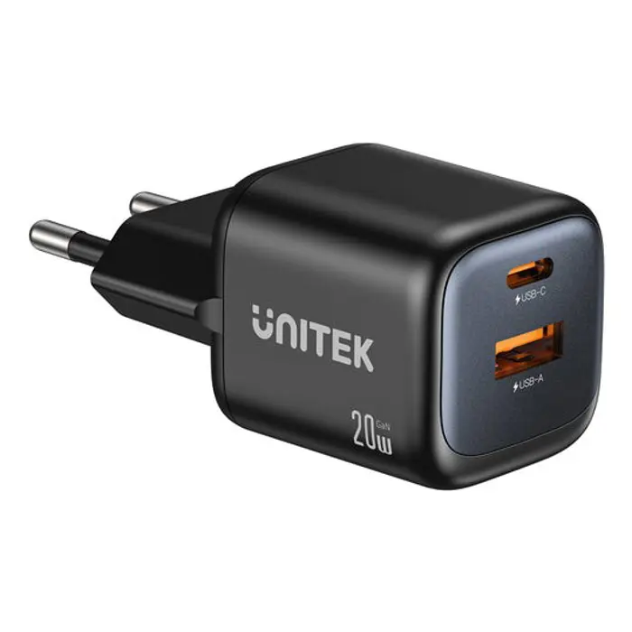UNITEK WALL CHARGER 2X GAN USB-A & USB-C 20W BLACK